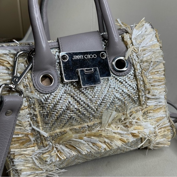 JIMMY CHOO 2WAY Shoulder Handbag light Metallic Woven & Raffia Leather Taupe - Picture 1 of 8